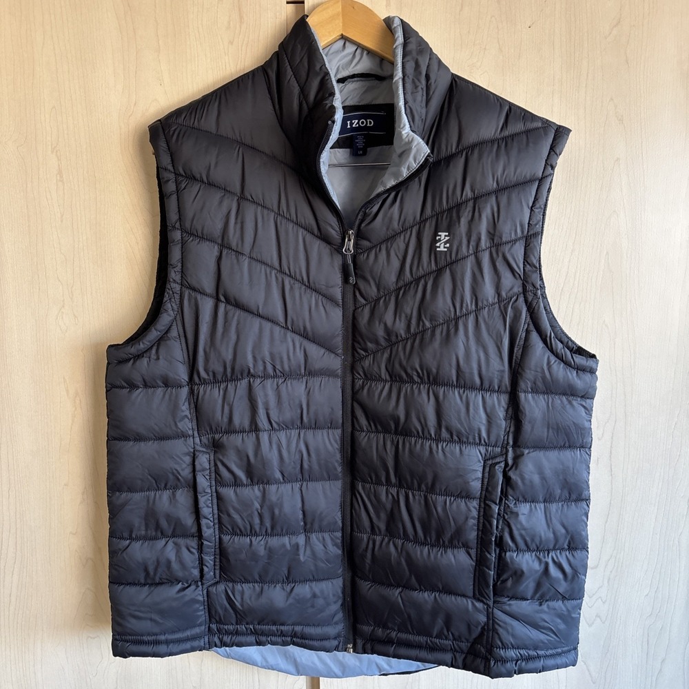 Izod Puffer Vest Mens Size Large Black Full Zip Pockets Quilted Synthetic Golf